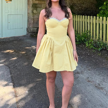 MQTIME  -  Women Sexy Yellow Hollow Out Small Dress Halter High Waist Club Party Pleated Dress Elegant Lace Edge Sleeveless A-line Dresses